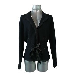 Vintage Y2K i.e. 100% Wool Black Ribbon Tie Cardigan Jacket Beaded Whimsigoth M
